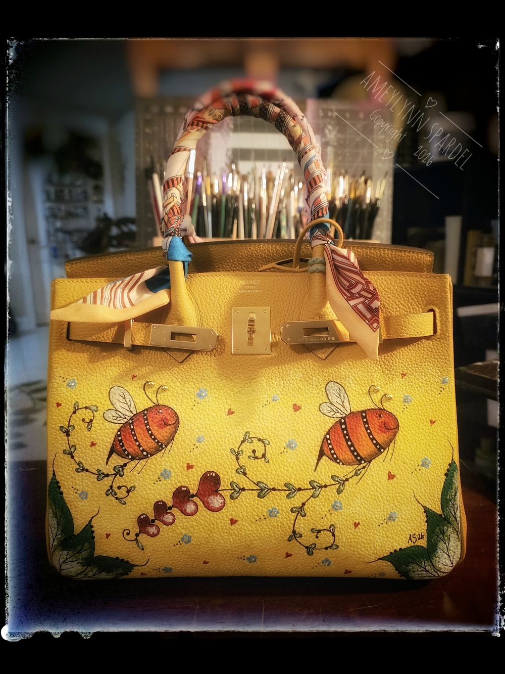 Mustard Yellow Hand-painted Designer Bag In Pebbled Leather
